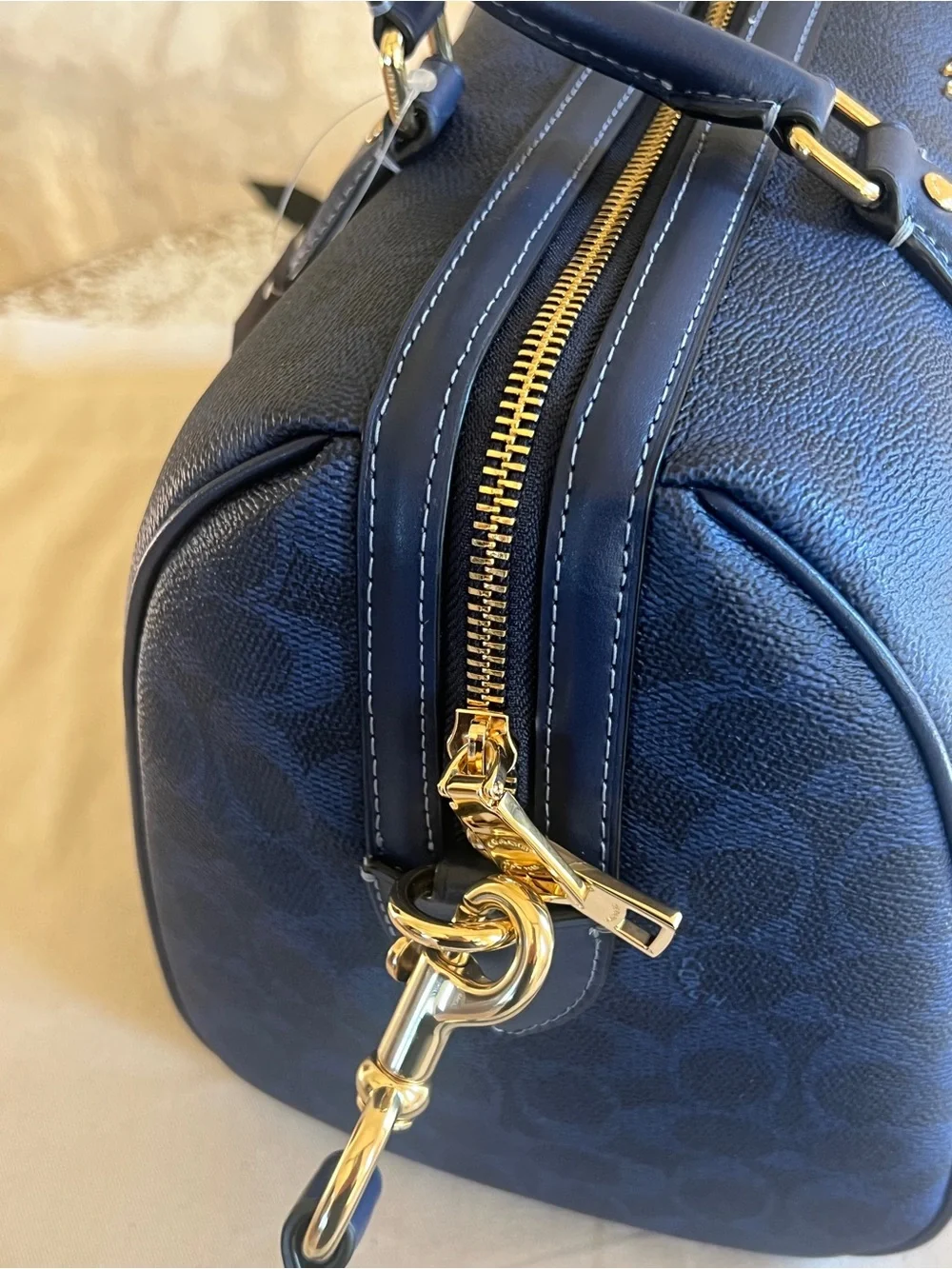 Coach Navy Signature Duffel Bag with Gold Hardware